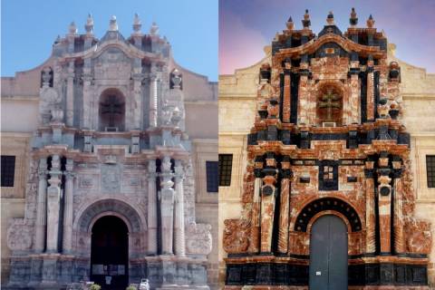 La portada de la basílica, antes y después de la restauración.